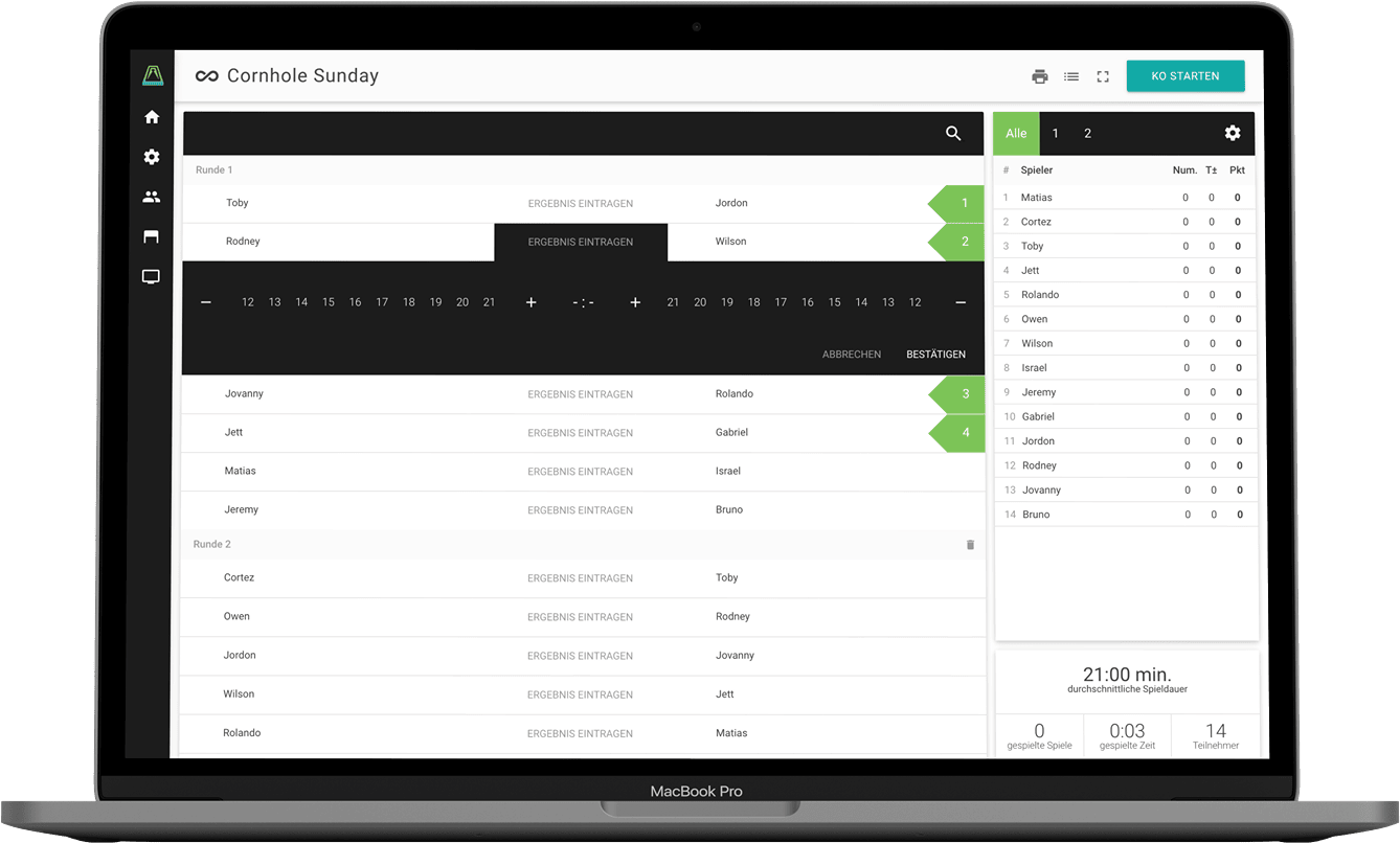 Laptop running the cornhole tournament software